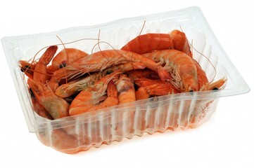 Barquette en plastique de crevettes en gros plan sur fond