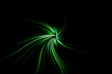 Abstract surface of blur radial zoom in green tones on a black background. Glowing green swirl textures for banners, posters, websites and other design projects. Color abstraction with swirl effect.