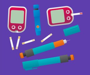 Medical illustration. Colorful glucometers, insulin pen, lancets and test strips.