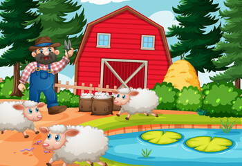 Farmer with animal farm in farm scene in cartoon style