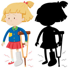 Girl using crutch with its silhouette