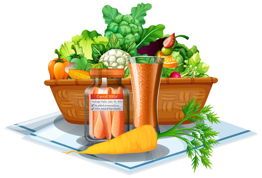 fresh vegetables basket, carrot juice, carrot on table clip art preview