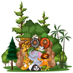 Wild animal or zoo animal group with nature elements on white background