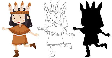 Girl wearing native american costume with its outline and silhouette