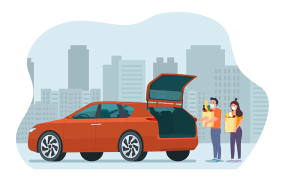 Man and woman with face mask holding grocery bags next to the trunk of the car.  Vector flat style illustration.