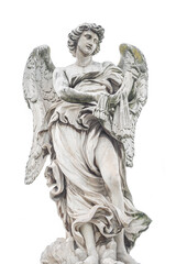 Statue of a beautiful holy angel with wings at the Saint Angel bridge (Ponte Sant Angelo), isolated at white background, Rome, Italy.