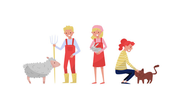 People Farmers Taking Care of Domestic Animals Vector Illustration Set