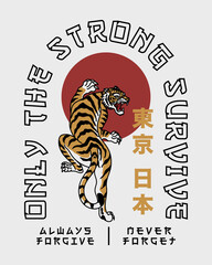 Asian Style Tiger Illustration with Slogans And Tokyo Japan Words in Japanese Artwork  on White Background for Apparel and Other Uses