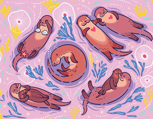 Cute lovely sea otters vector pattern