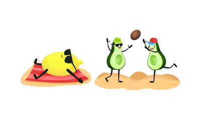 Funny Fruits Sunbathing and Playing Volleyball on Beach Vector Set