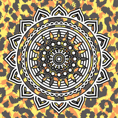 Vector illustration of a white mandala on animal print background. Buddhist design for meditation.