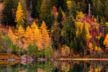 Autumn colours and reflections in a mountain lake