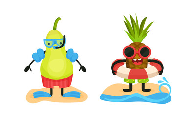 Funny Fruits Resting and Sunbathing on Beach Vector Set