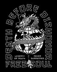 B&W Asian Style Dragon Around The Globe Illustration with Slogan Artwork  on Black Background for Apparel and Other Uses