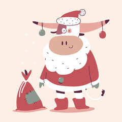 Cute Christmas bull in Santa Claus costume and sack with gifts vector cartoon character isolated on background.