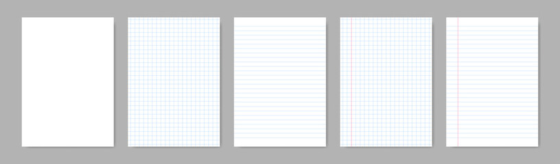 Paper blank sheets with lines. Vector isolated papers a4 with lines grid. Grid page notebook with margin. Mockup papers template. Stock vector.
