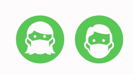 Vector Isolated Illustration, Green Icons of Man and Woman Wearing Face Masks