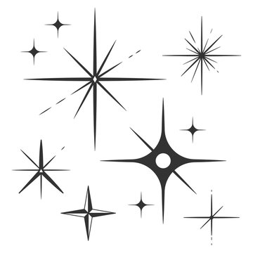 Shiny stars with twinkle sparks vector black silhouettes set isolated on a white background.