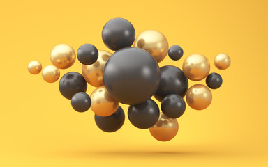 Black Friday. Illustrations for advertising. Many black and gold spheres flying on a yellow background. 3d render illustration.