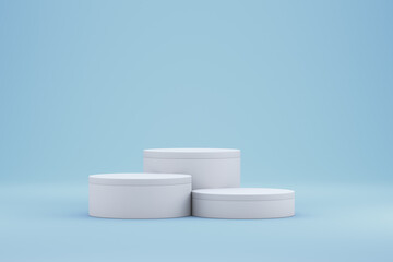 Empty white rack for displaying goods on a light blue background. 3d render illustration.