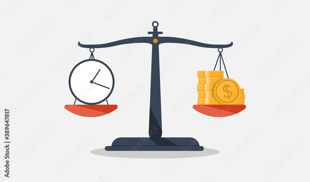 Wall mural time is money vector illustration. weight scale with clock and coins. whats the value of your time c