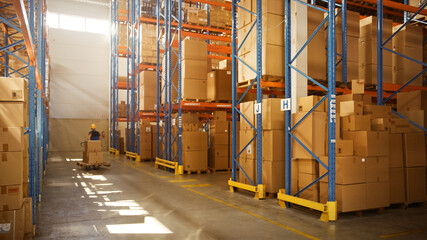Worker Moves Cardboard Boxes using Manual Pallet Truck, Walking between Rows of Shelves with Goods in Retail Warehouse. People Work in Product Distribution Logistics Center. Side View