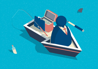 Isometric abstract businessmen with telescope on the boat