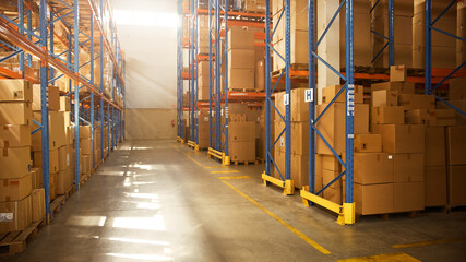 Gigantic Sunny Retail Warehouse full of Shelves with Goods in Cardboard Boxes. Logistics and Distribution Storehouse Center for further Product Delivery Packages. Semi Side View