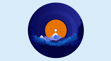Vinyl record with nature illustration - Forest and mindfulness music concept.