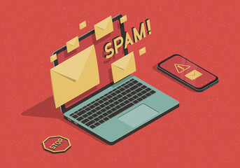 Isometric illustration with laptop and email spamming attack - obrazy, fototapety, plakaty