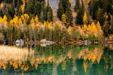 Autumn colours and reflections in a mountain lake