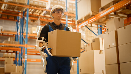 High-Tech Futuristic Warehouse: Worker Wearing Advanced Full Body Powered exoskeleton, Walks with...