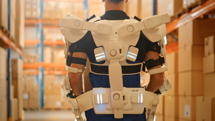 High-Tech Futuristic Warehouse: Worker Wearing Advanced Full Body Powered Exoskeleton, Walks with Heavy Cardboard Box. Delivery Exosuit amplifies Human strength. Close-up Shot