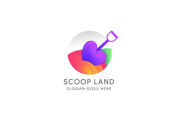love scoop land logo design template. combination of scoop tool with love shape and half circle use yellow and green as symbol of land. 