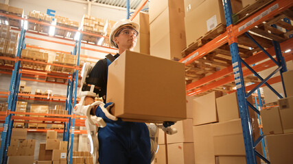 High-Tech Futuristic Warehouse: Worker Wearing Advanced Full Body Powered exoskeleton, Walks with...