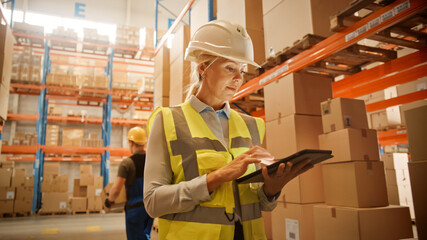 Professional Confident Worker Wearing Hard Hat Checks Stock and Inventory with Digital Tablet...