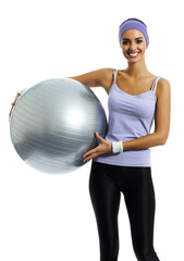 Happy smiling african american or latinos woman holding fitness pilates ball, in violet sportswear, isolated against white background. Young sporty model at studio picture.