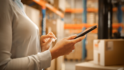 In Warehouse Manager Uses Digital Tablet with App to Check Package Delivery Status with Graphs, Infographics, and Statistics on Screen. Distribution Center with Shelves with Cardboard Boxes 
