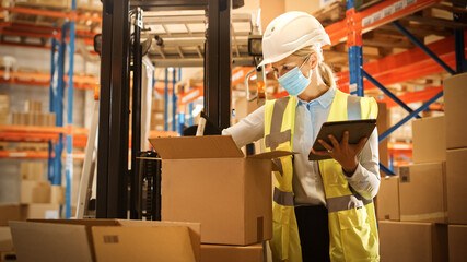 Female Warehouse Inventory Manager Wearing Face Mask for Safety, Using Digital Tablet Computer, Checking Cardboard Boxes. Delivery Distribution Center with Goods, Products Ready for Shipment
