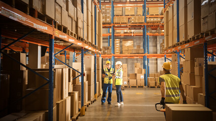 Retail Warehouse full of Shelves with Goods in Cardboard Boxes, Male and Female Managers Use...