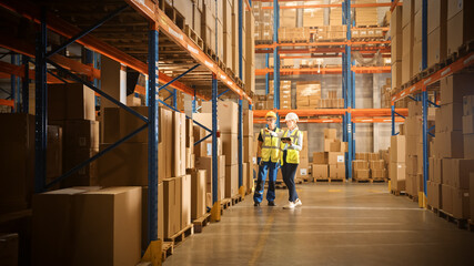 Retail Warehouse full of Shelves with Goods in Cardboard Boxes, Male and Female Managers Use...