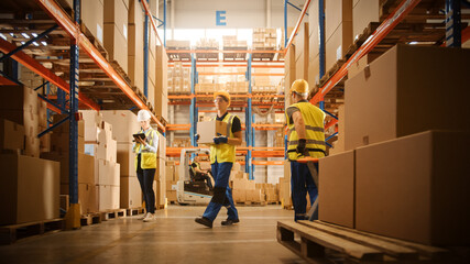Retail Warehouse full of Shelves with Goods in Cardboard Boxes, Workers Scan and Sort Packages,...
