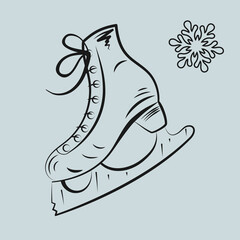 Skating shoe, snow flake icons, outline sketch style illustration, holiday winter recreation time, decorative element for web design
