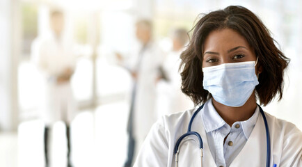 Woman doctor standing in hospital, wearing face mask