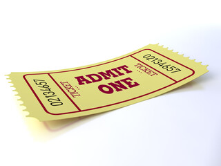 Vintage retro cinema creative concept: retro vintage admit one ticket made of yellow paper isolated on white background, closeup view. 3D illustration.