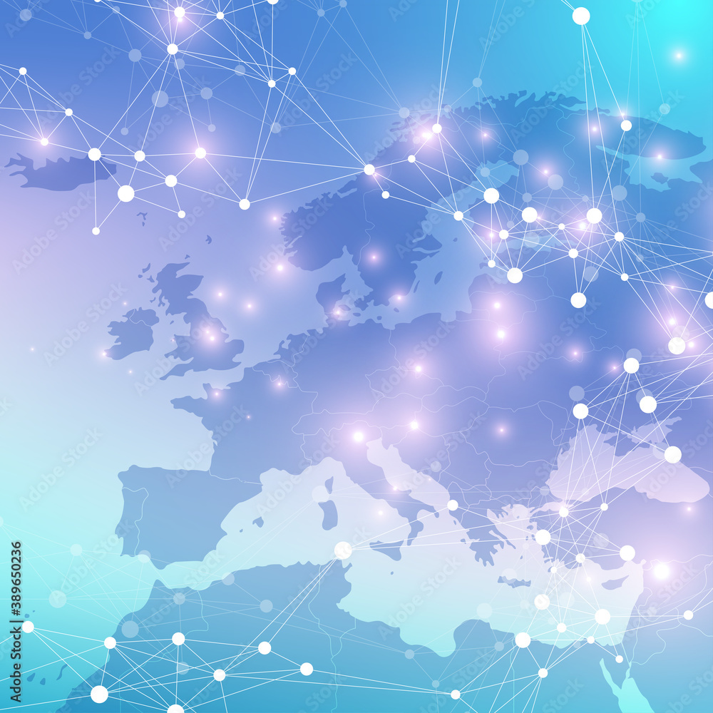 Poster World map point with global technology networking concept. Digital data visualization. Lines plexus. Big Data background communication. Scientific illustration.