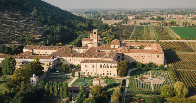 Praglia Abbey is a Benedictine monastery in the frazione of Bresseo in Teolo, Province of Padua, Italy. Drone photography of the Abbey