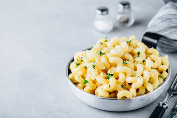 American mac and cheese, macaroni and cheese pasta in pan