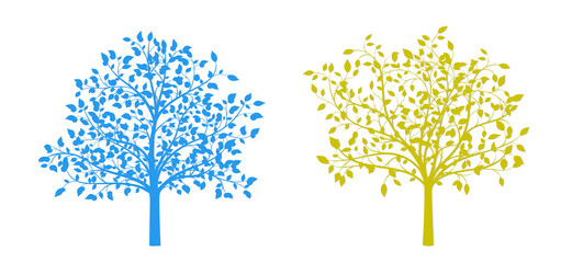 Drawing of a tree in blue and yellow on a white background