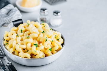 American mac and cheese, macaroni and cheese pasta in pan